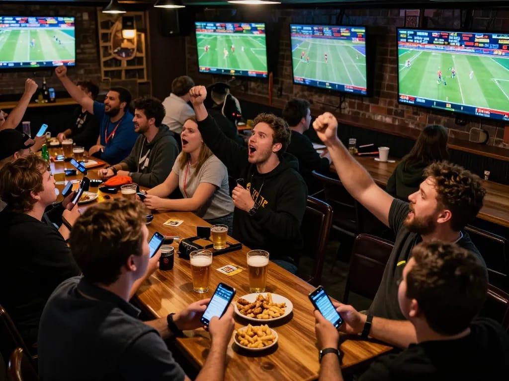 Exciting sports betting atmosphere at x333 with fans cheering and using betting apps.