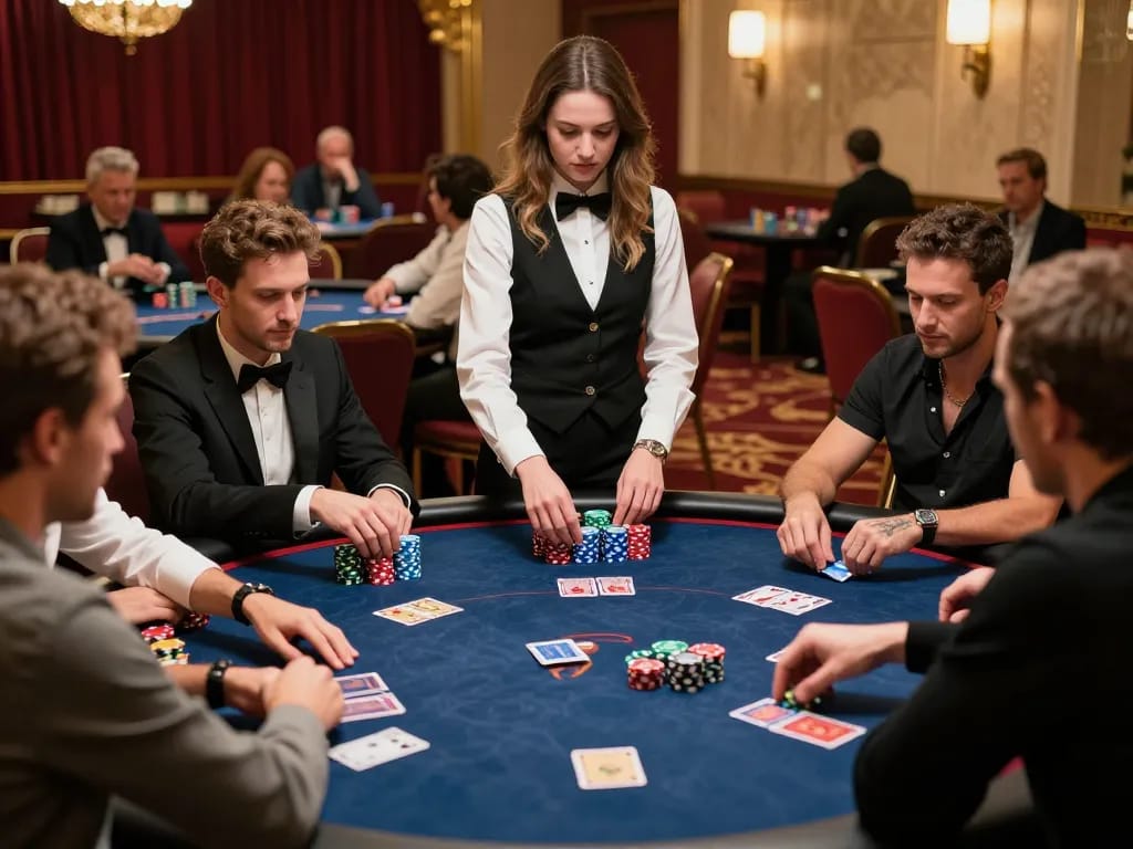 Engaged players strategizing at a high-stakes poker game on https://tr88.bio/ with vibrant chips and cards
