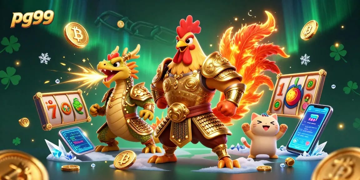 Engage with pg99's exciting slot games featuring a warrior rooster, dragon, and crypto coins.