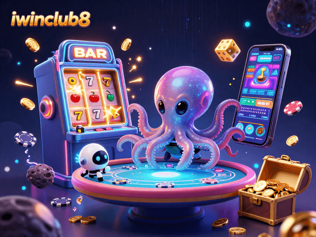 Join the action at iwinclub8 with an alien octopus running a poker table in a vibrant casino scene.