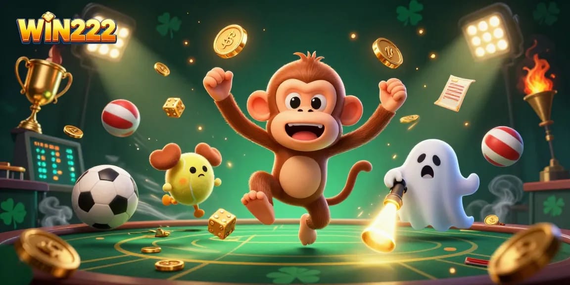 Experience thrilling gameplay at WIN222 with 3D casino elements in a dynamic illustration.
