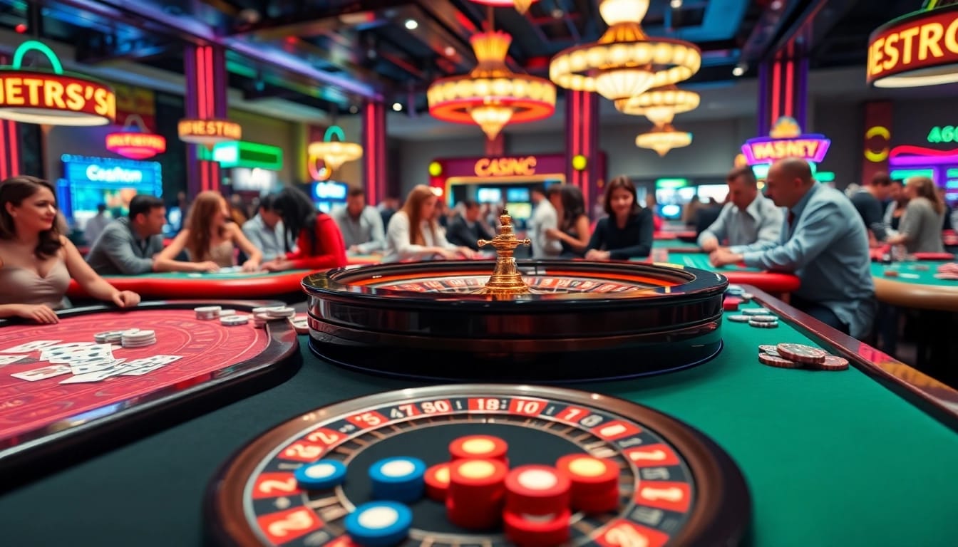Casinos en ligne avec des joueurs autour d'une table de roulette animée.