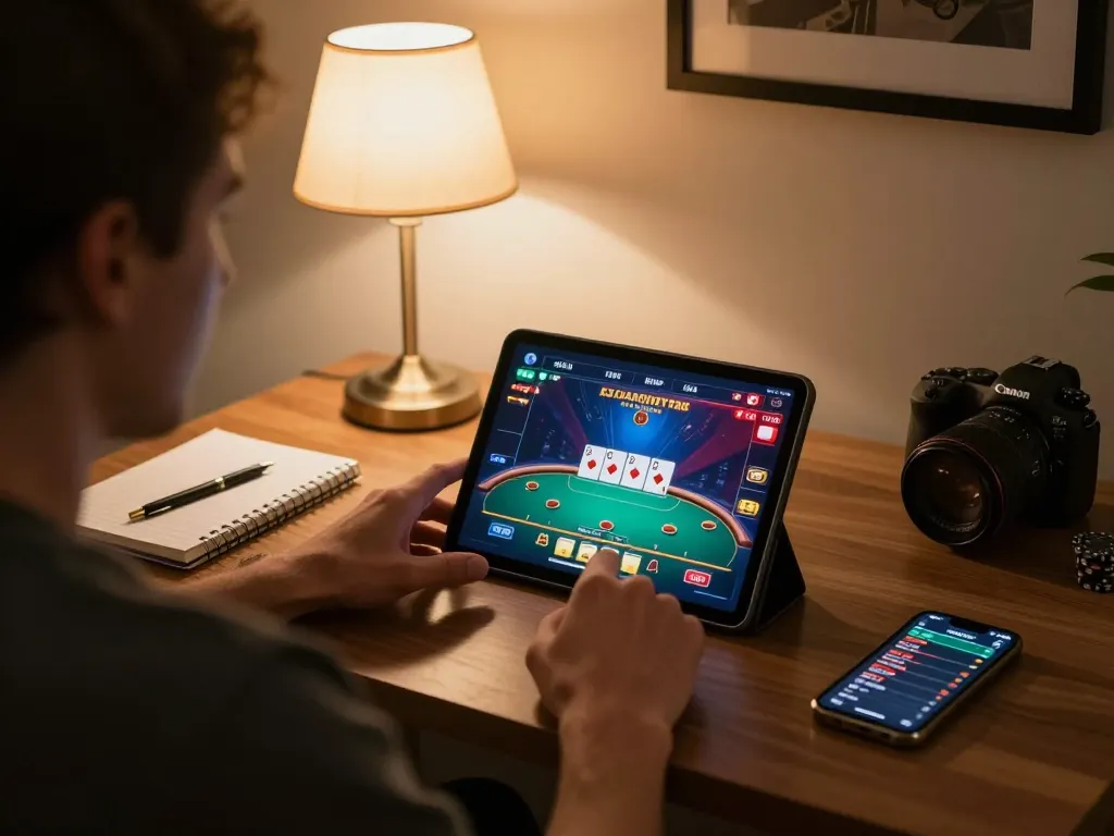 Engaging online poker action on the trang chủ Jun88 platform, maintaining focus in a stylish home environment.