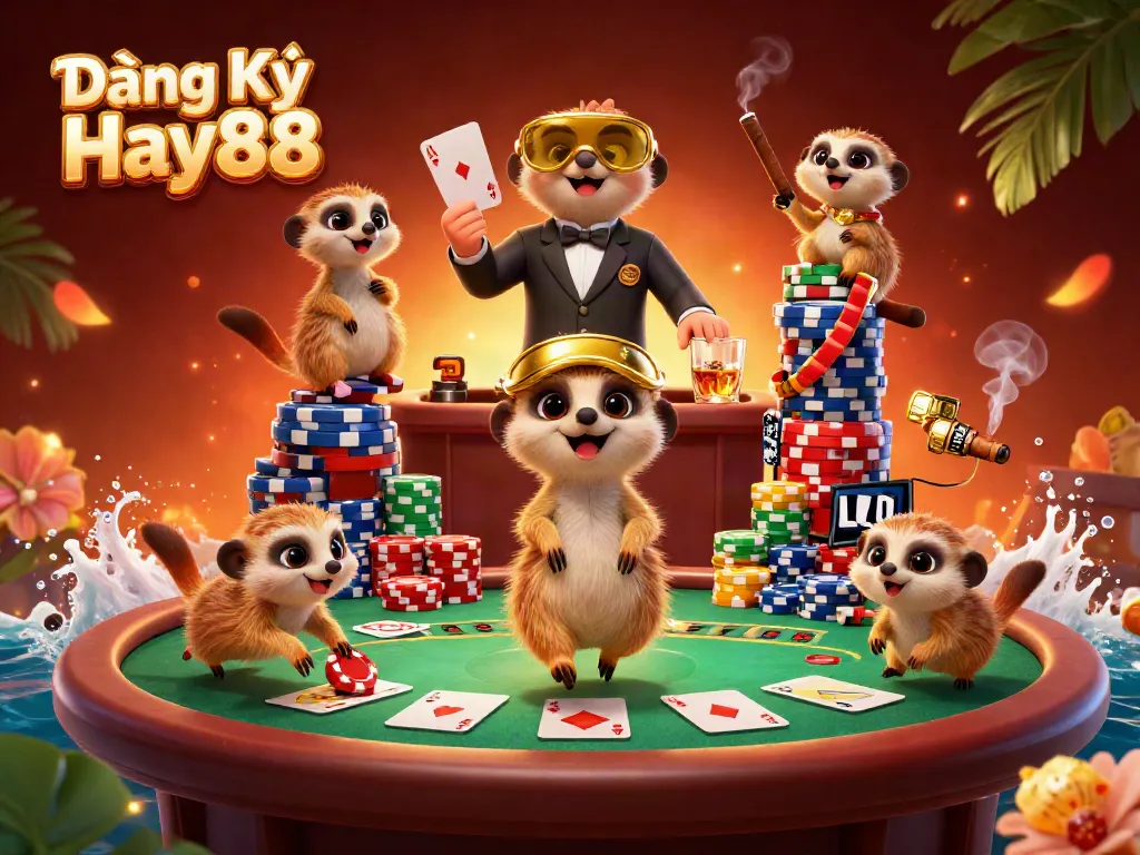 Experience casino excitement with Đăng Ký Hay88 as meerkats deal cards and stack chips in a vibrant setting.