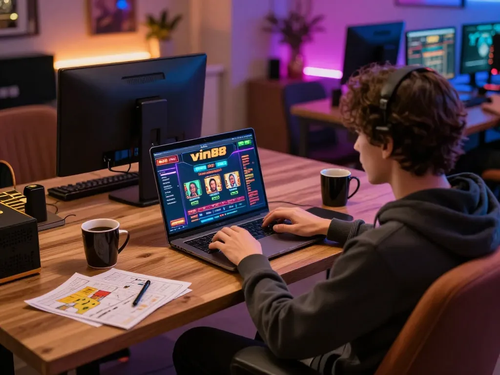 Player enjoying vin88 online casino gaming with vibrant interface and strategy notes