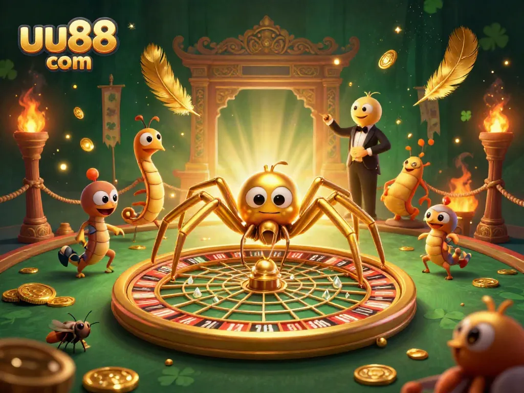 Experience thrilling gameplay with uu88 com, featuring a golden spider spinning a roulette web.