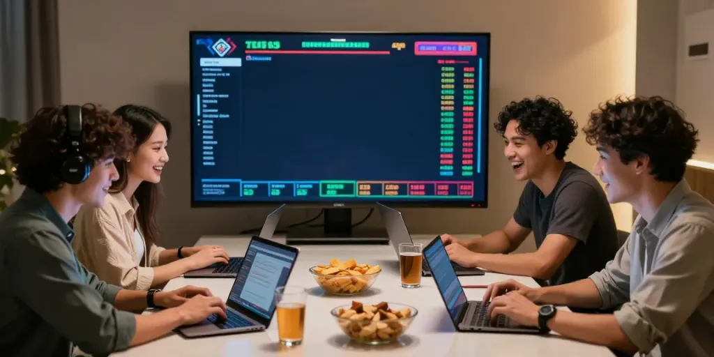 Friends enjoying online betting at https://fc88v1.com/ in a lively setting with modern tech.