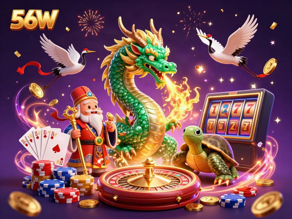 56W showcases an epic scene with a jade dragon, turtle sage, and lucky cranes in a vibrant casino world.