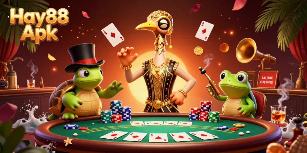 Engage with Hay88 Apk in this lively 3D gambling scene featuring unique characters and casino elements.