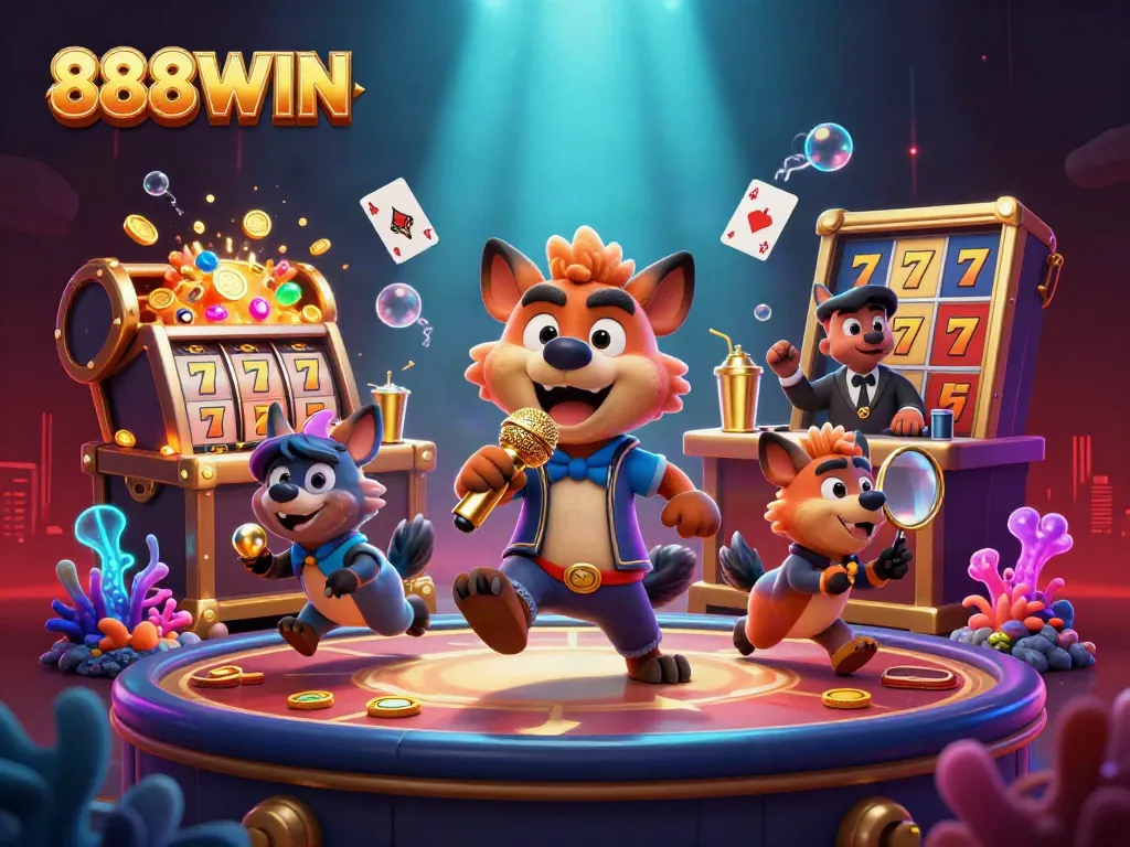 Experience the vibrant casino world of 888WIN with lively hyenas and stunning gaming elements.