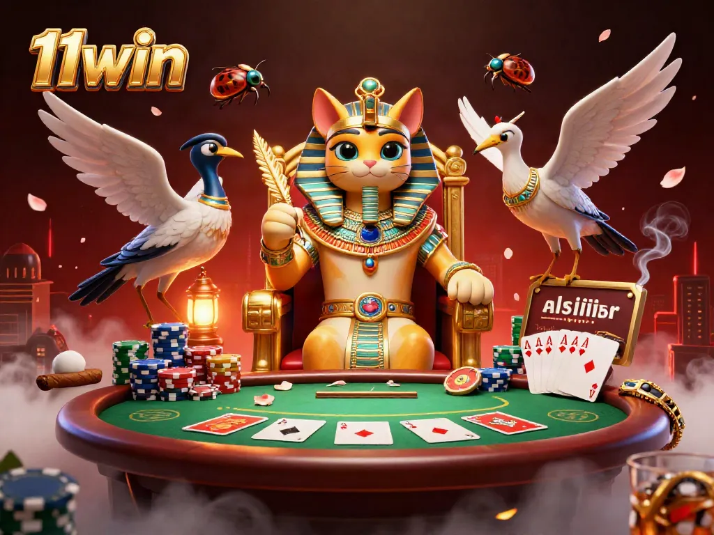 Experience the thrill of winning at 11win with an enchanting casino scene featuring a pharaoh cat and vibrant poker elements.