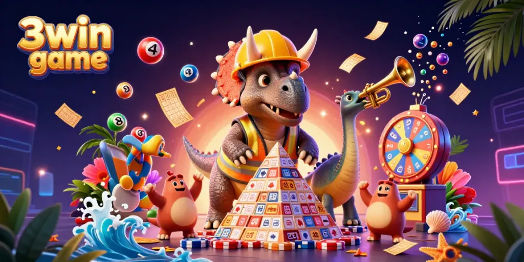 Experience the excitement of the 3win game with a colorful scene of cartoon characters celebrating around casino elements.