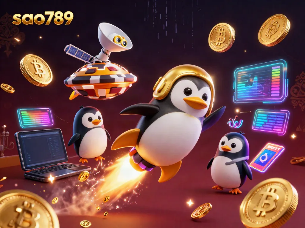Sao789 casino-themed illustration featuring a rocket-powered golden penguin and Bitcoin coins in space.
