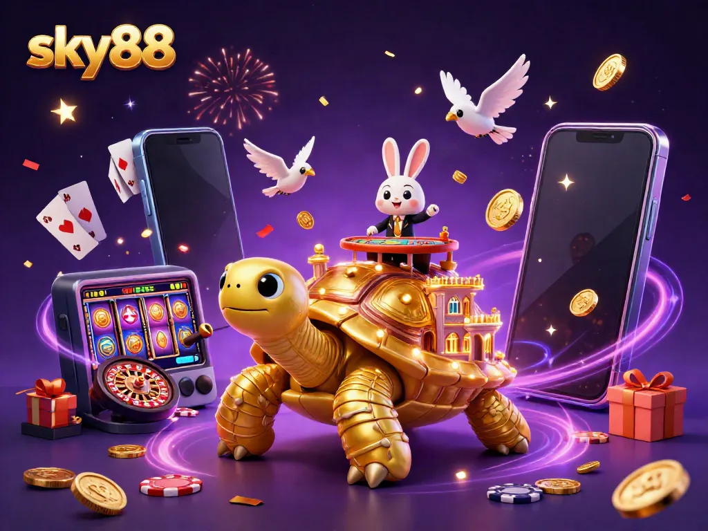 Experience the excitement of sky88 with a captivating casino scene featuring a tortoise and dealer.