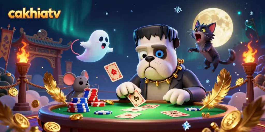 Experience cakhiatv's thrilling gameplay with a lively 3D cartoon scene featuring vibrant casino elements.