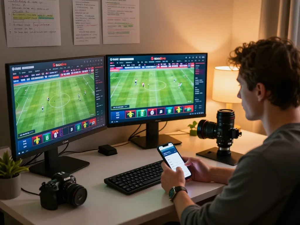 Socolive live sports betting setup showcasing multiple screens with soccer matches, highlighting engaged gamer.