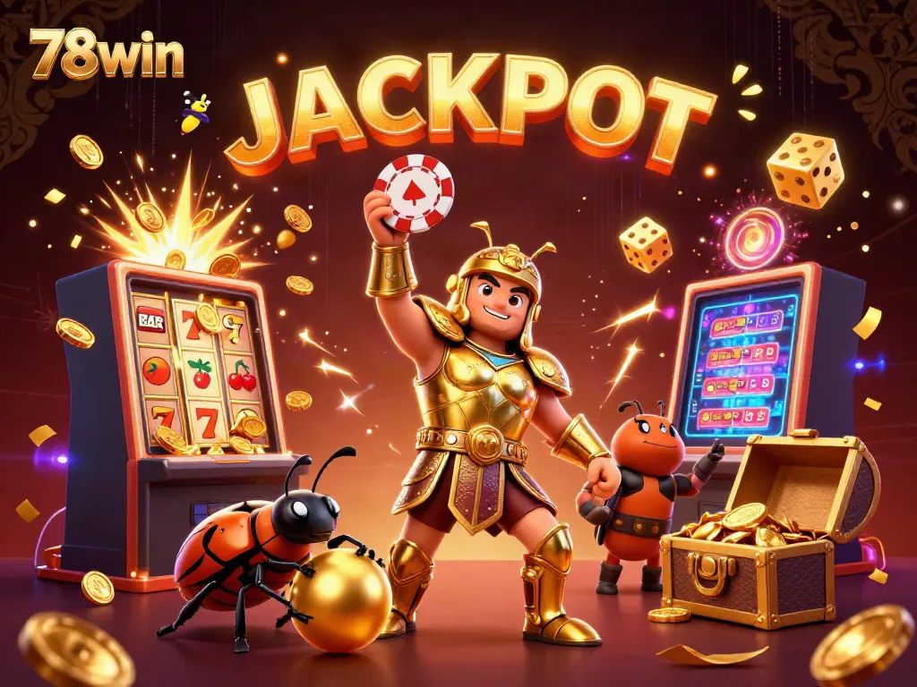 Engage with 78win's vibrant 3D casino art, showcasing a heroic beetle and jackpot excitement.