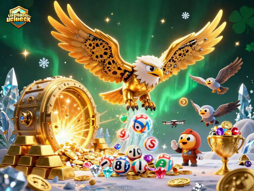 Win big with usplayercheck's dynamic online lottery gaming illustration featuring golden eagle and treasure.