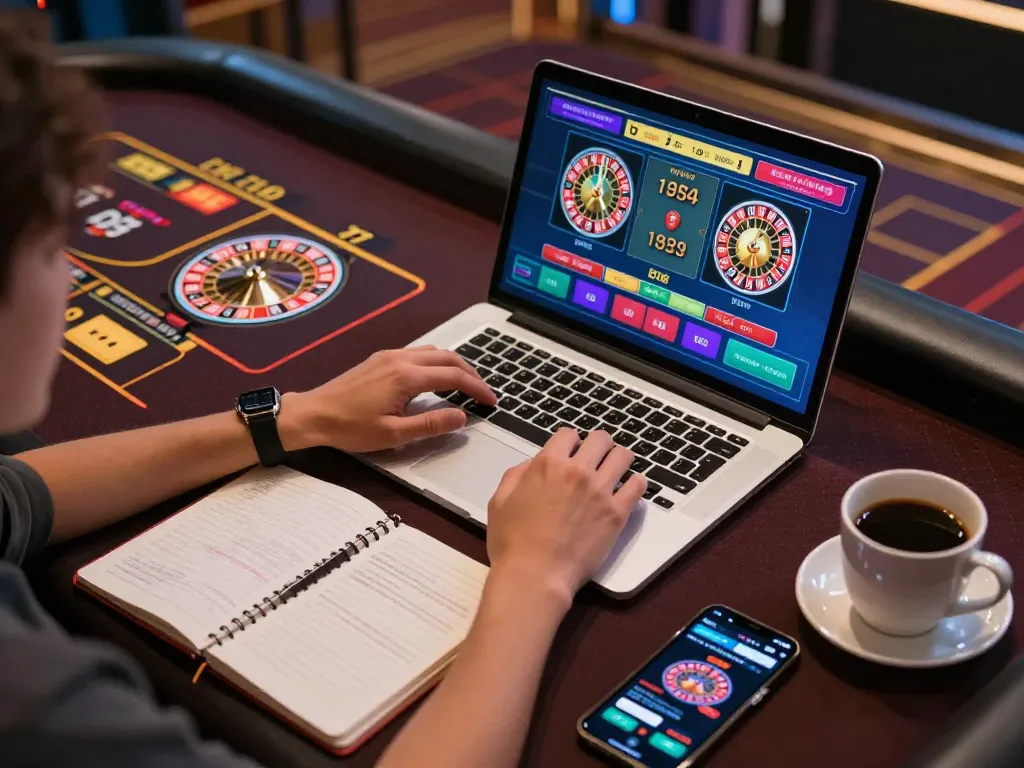 Playing live dealer games on 99ok laptop setup, showcasing engaging casino graphics and strategic notes.
