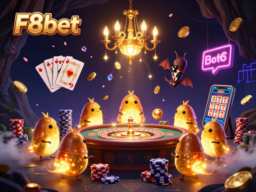 Experience the vibrant excitement of F8bet casino with glowworms lighting the scene and sparkling gems.