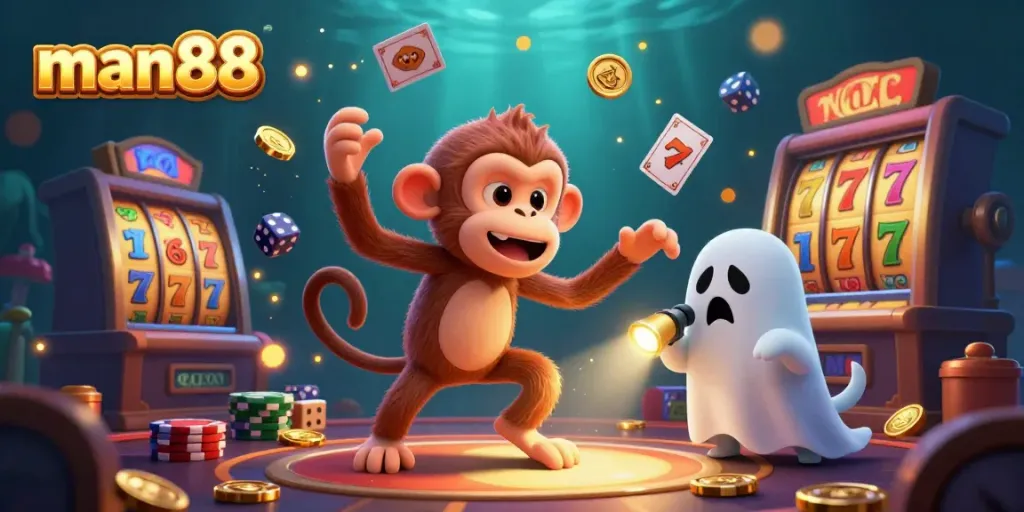 Experience man88's exciting atmosphere with a playful poltergeist monkey in a vibrant casino setting.