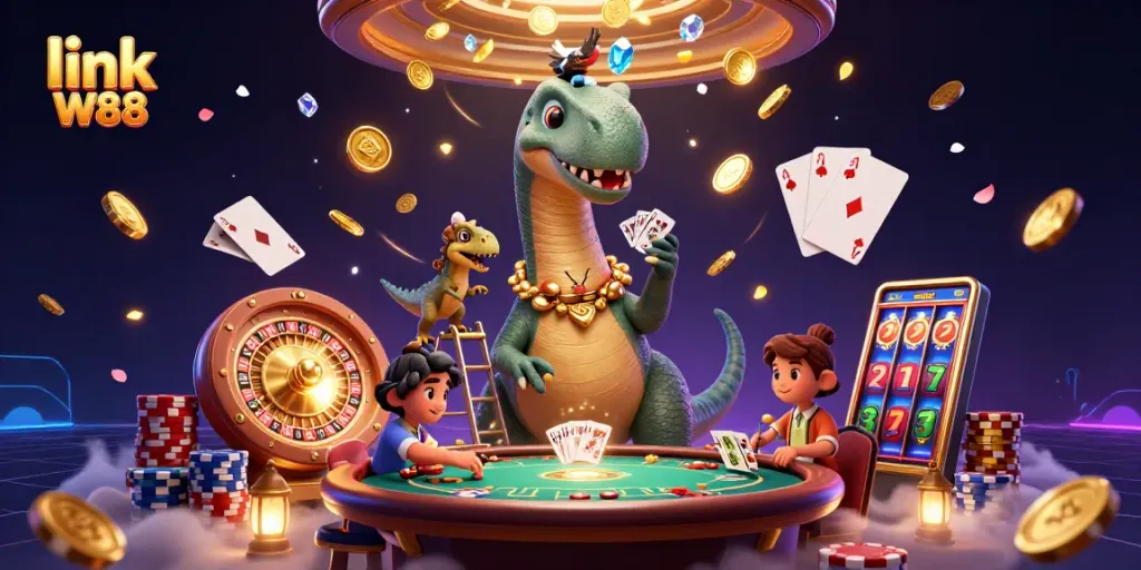 Engage in thrilling gameplay at link W88 with golden coins, roulette, and dynamic characters in a vibrant casino scene.