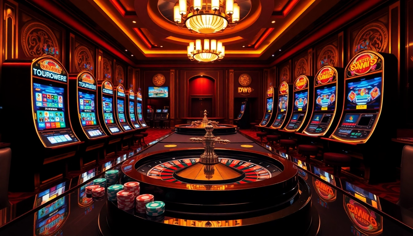 Experience exciting gameplay with DW8 showcased on vibrant casino tables featuring stunning slot machines and poker chips.