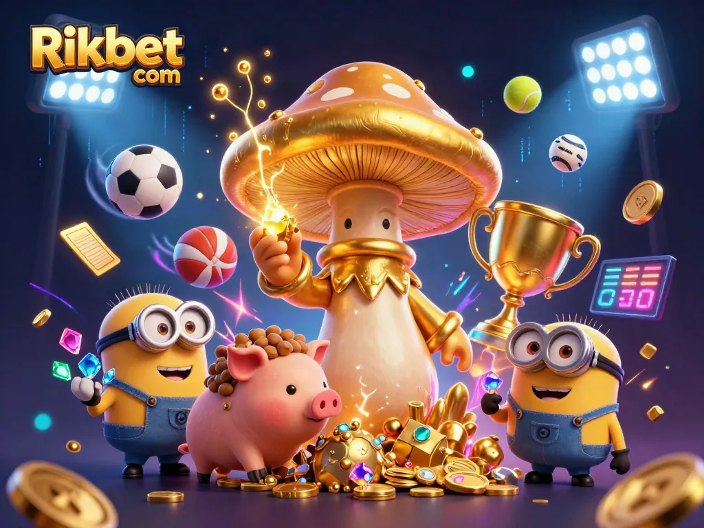 Bet on exciting games at Rikbet com, featuring thrilling 3D illustrations of vibrant casino elements.