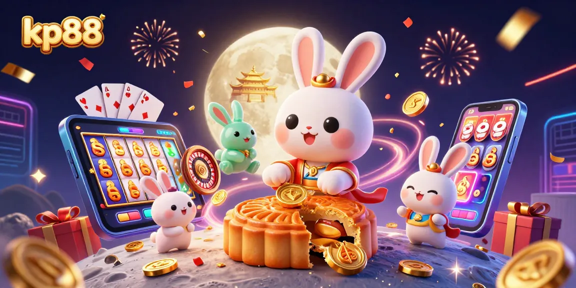 Experience the thrill of kp88 with a vibrant moon rabbit scene featuring gaming symbols and excitement.