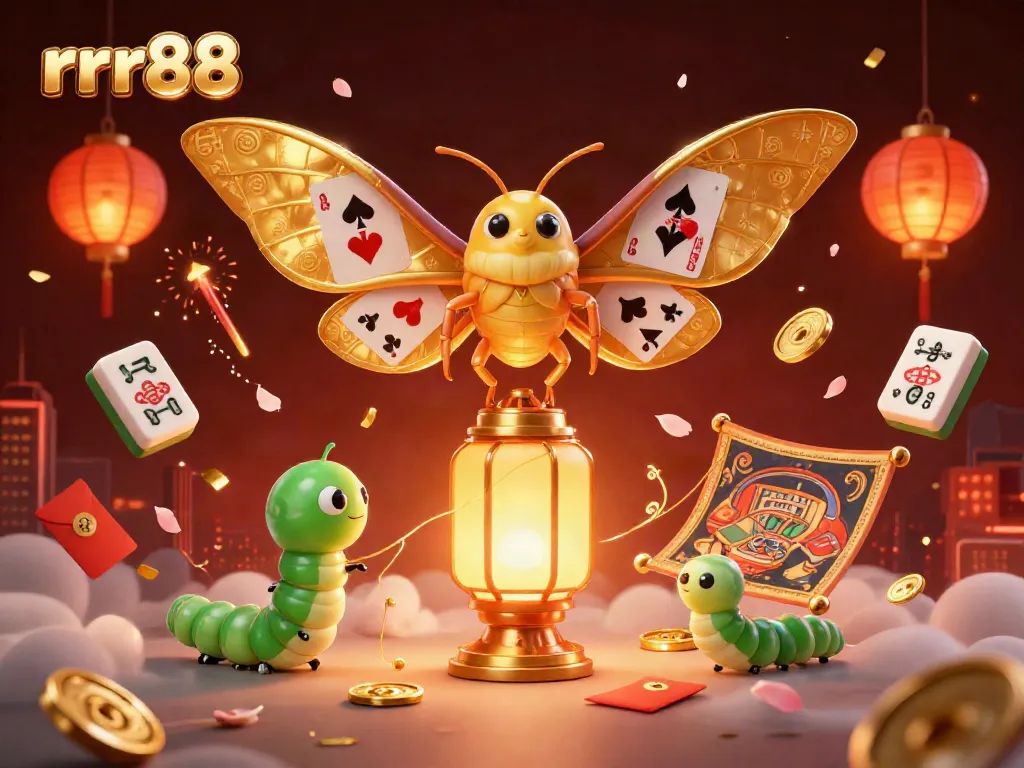 Engage with rrr88's immersive casino scene featuring a golden atlas moth and lavish game elements.