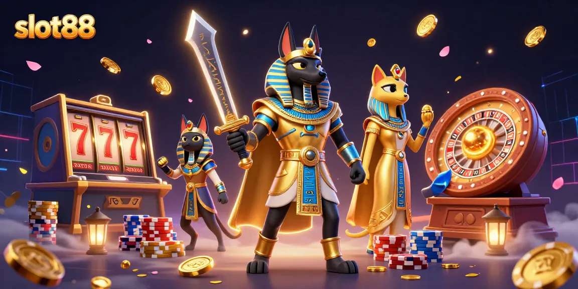 Experience slot88 with a vibrant scene showcasing ancient Egyptian warrior and casino elements.