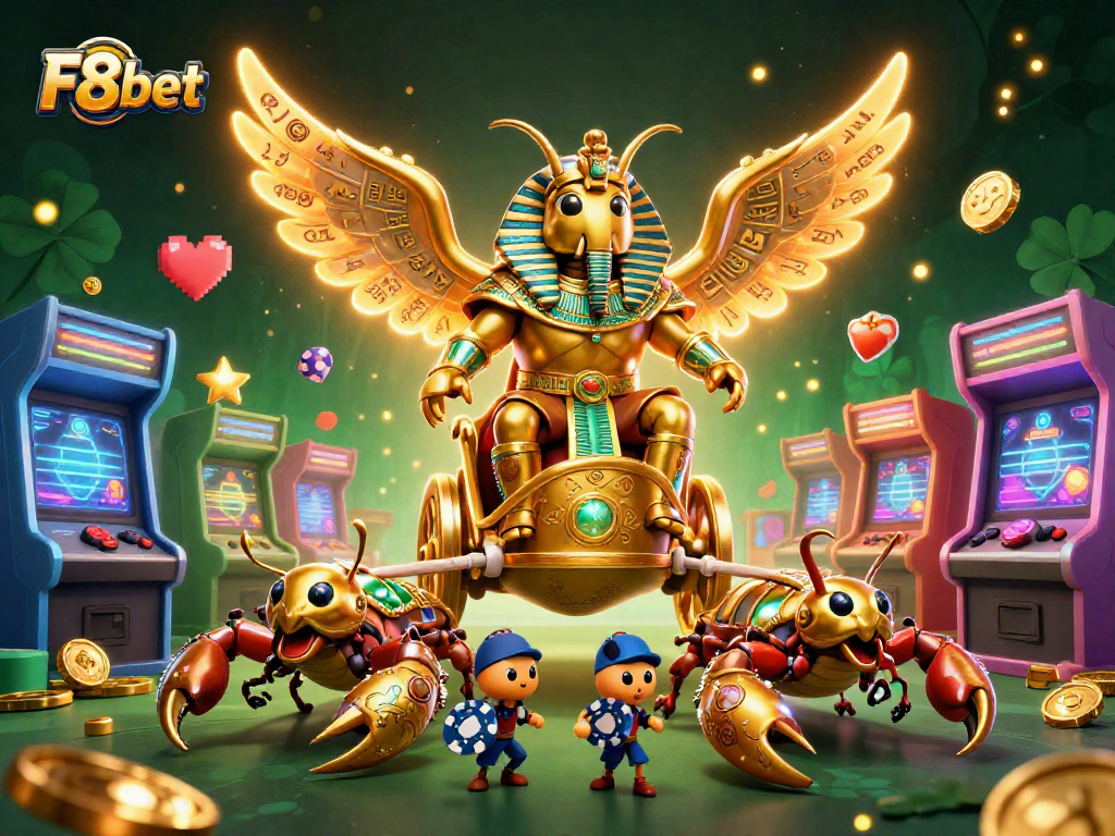 Engage with F8bet's vibrant gaming scene featuring golden scarabs, scorpions, and poker action.