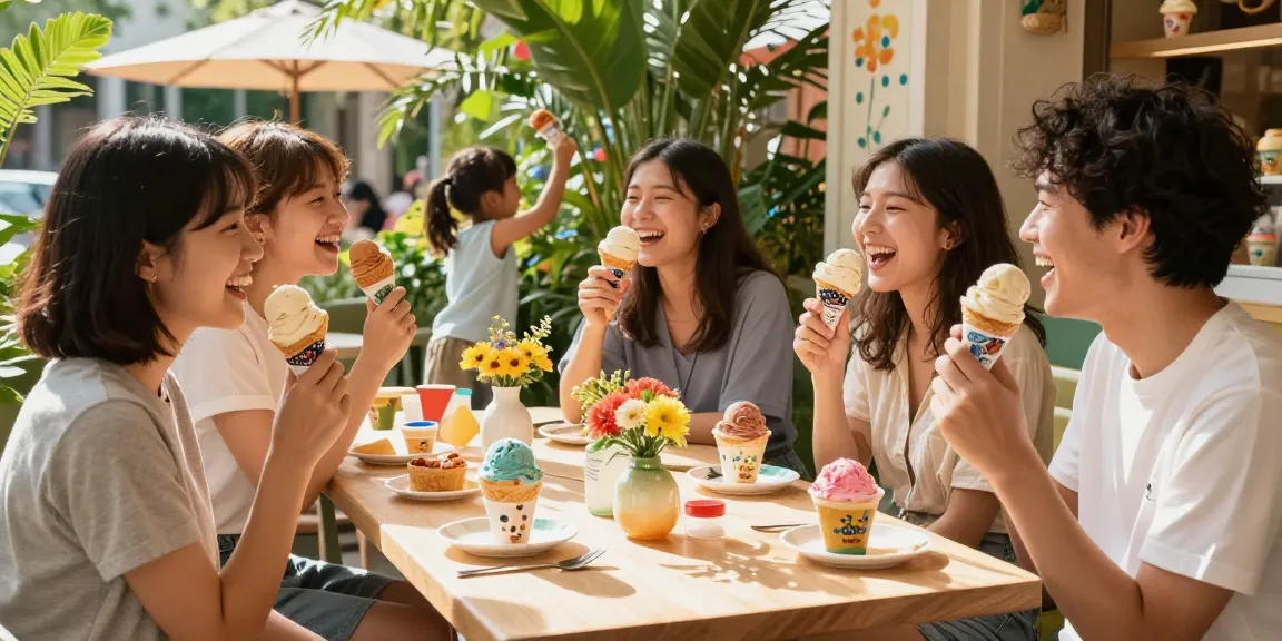 Friends enjoying rokok88 ice cream cones in a sunny outdoor café.