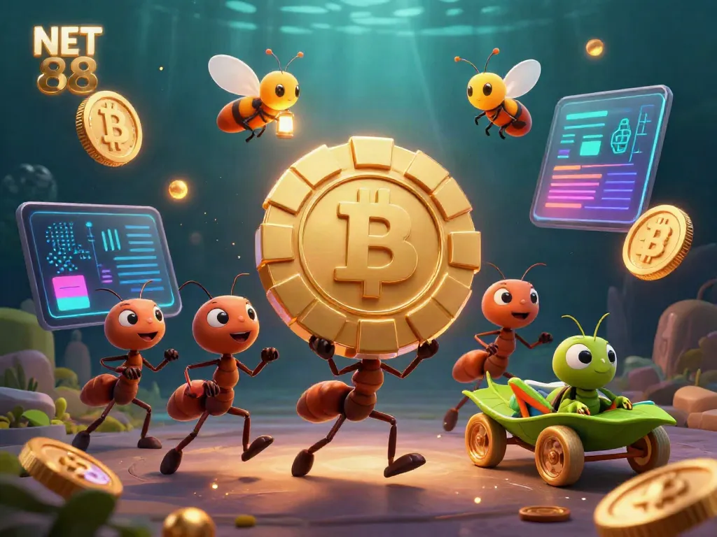 Experience winning strategies at NET 88 with a dynamic 3D casino heist scene featuring ants and digital currency.