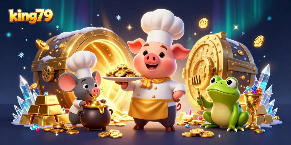 Experience the excitement at king79 with a chef pig serving golden coins and treasure galore in a vibrant casino scene.