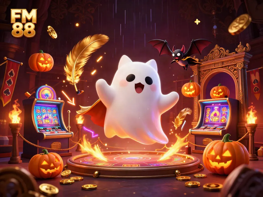Engaging FM 88 casino scene with a ghost cat, vibrant jack-o-lanterns, and a bat companion.