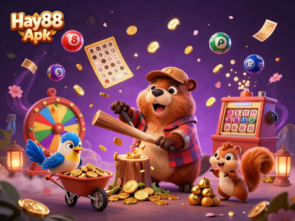 Engage with Hay88 Apk through this vibrant scene of colorful casino symbols and playful characters.