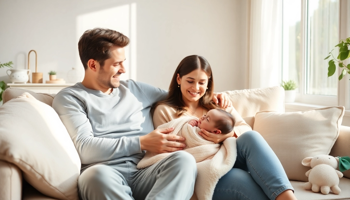 Family with new bornbaby sharing a tender moment in a cozy living room.
