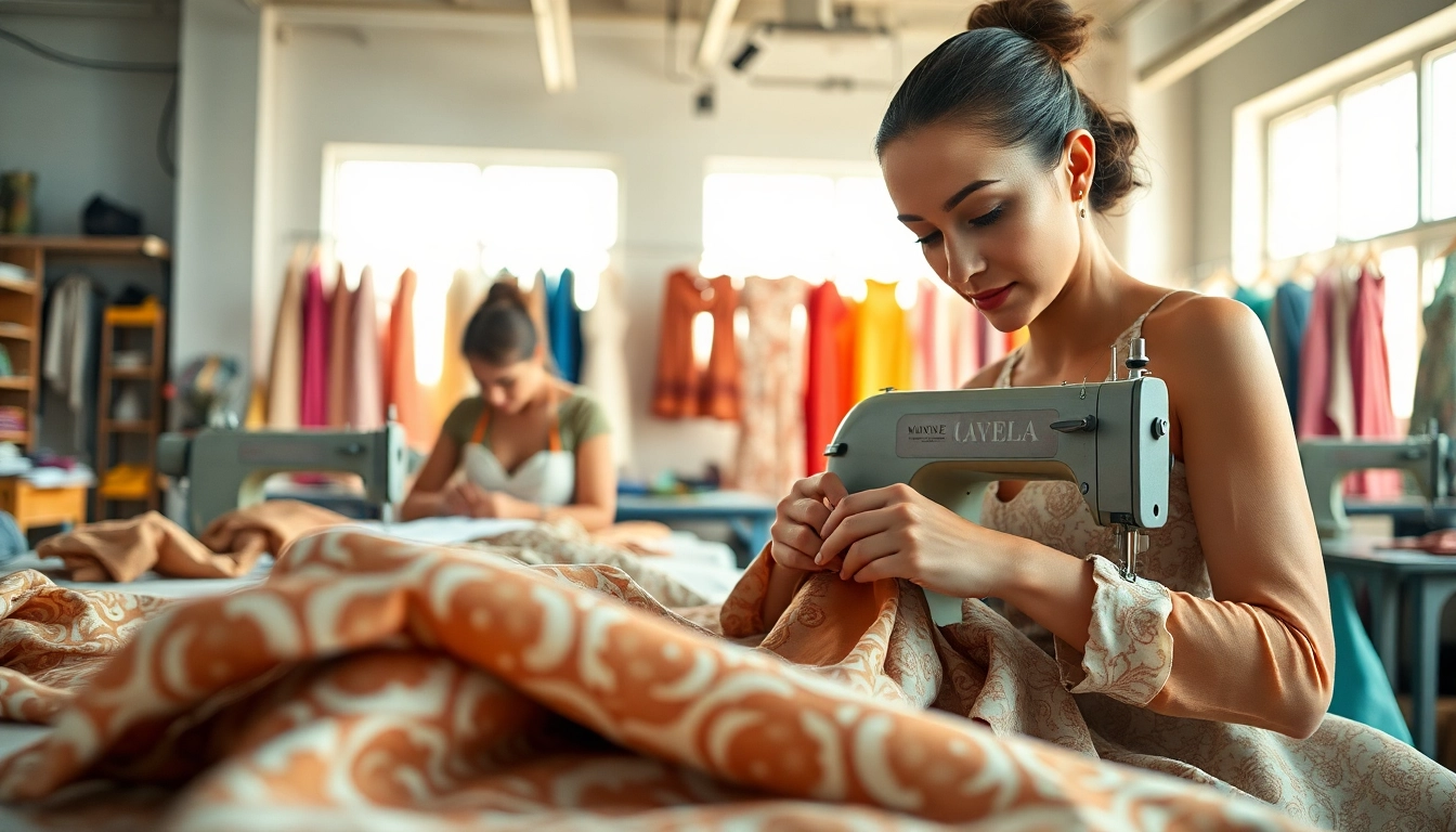 Women’s Clothing Manufacturer creating bespoke dresses in a vibrant workshop setting.
