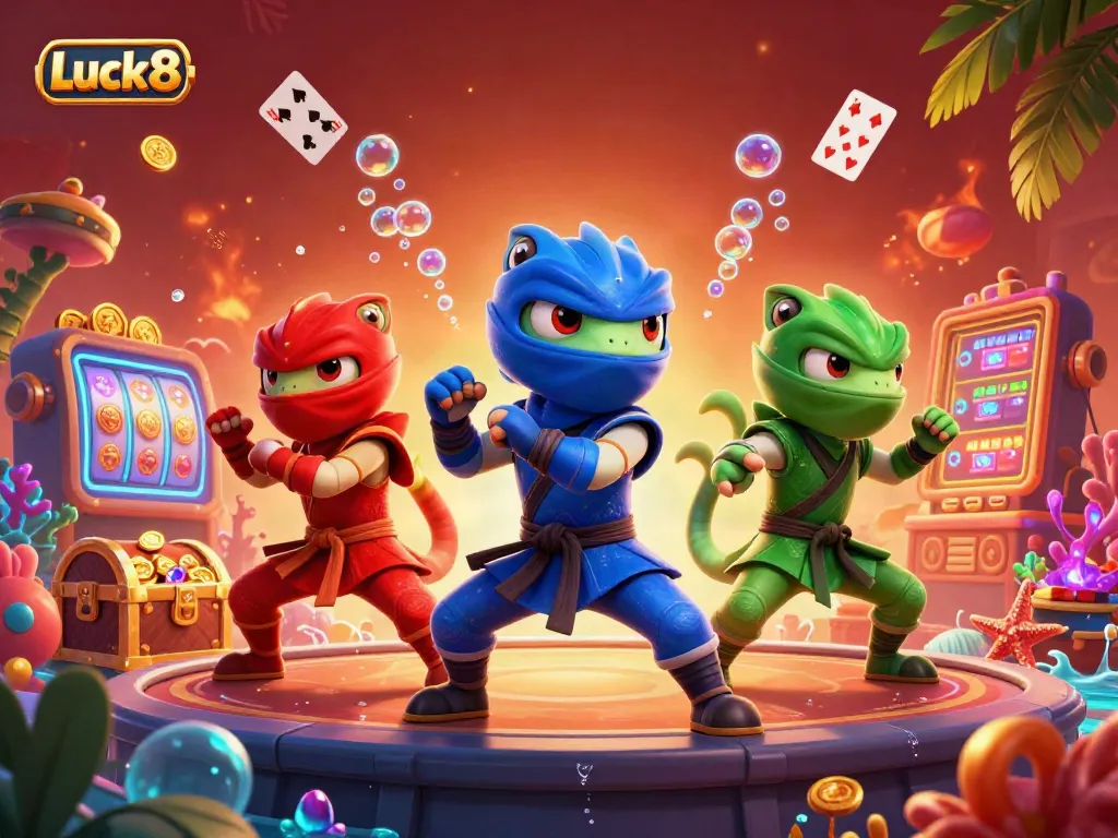 Team of ninja chameleons showcasing martial arts alongside vibrant Luck8 casino elements.