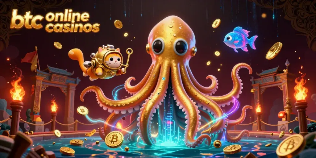 Engage in thrilling btc online casinos with vibrant visuals of a kraken and diving cat in a crypto-themed scene.