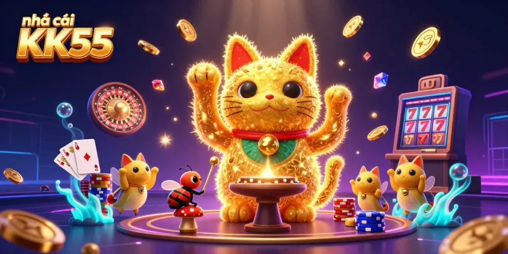 Experience nhà cái KK55 in a vibrant, dynamic casino-themed illustration featuring a lucky cat and casino symbols.