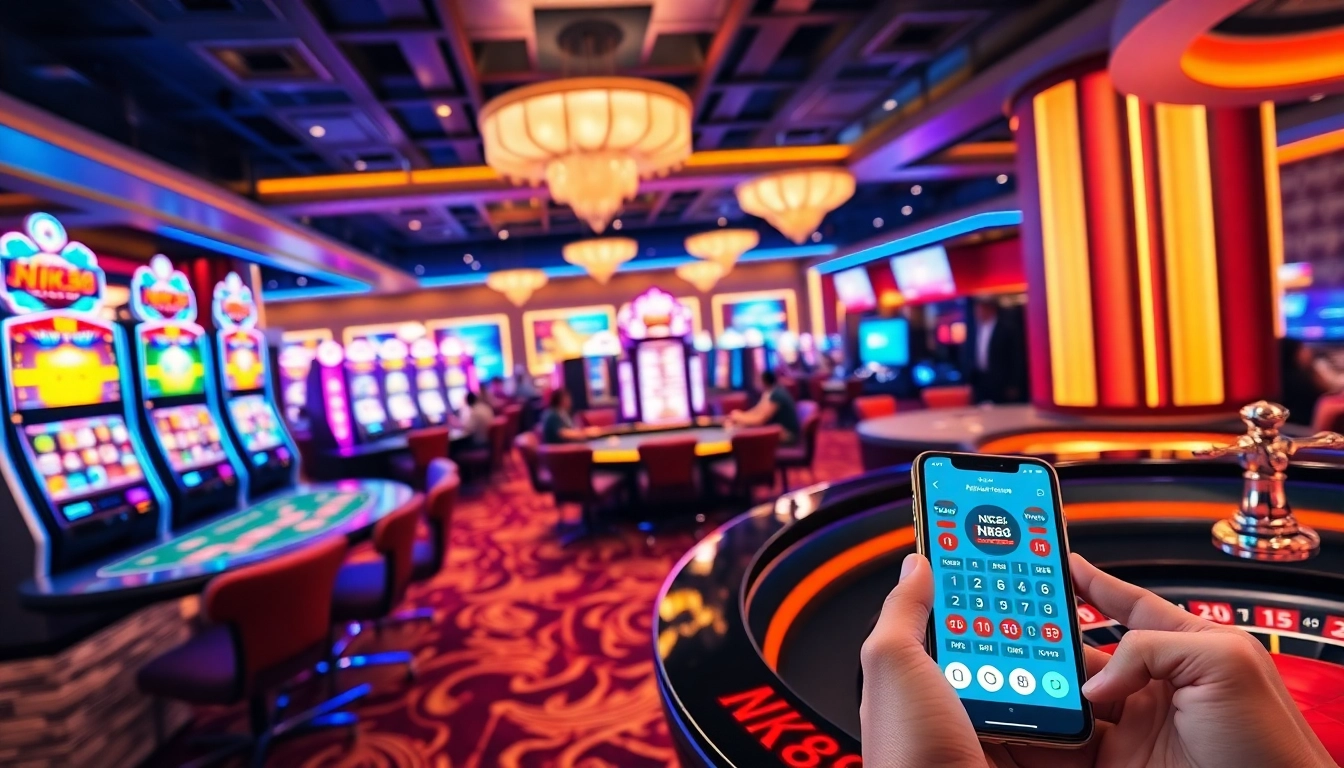 Experience the thrill of playing at NK88 with vibrant casino visuals featuring exciting gaming tables and modern slot machines.