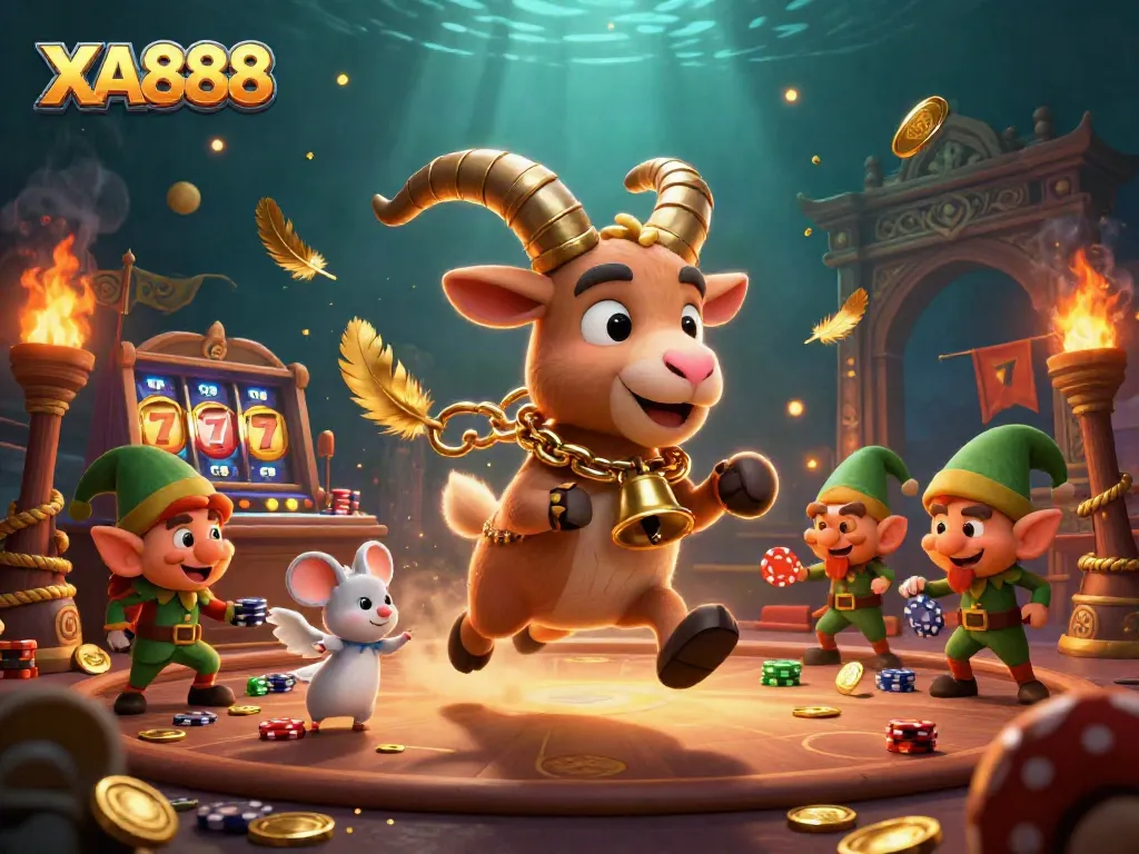 Experience XA888's thrilling casino action with Krampus, an angel mouse, and mischievous elves in a vibrant 3D scene.