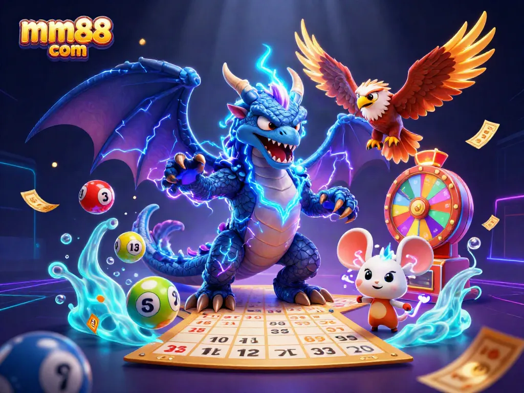 Engage with the exhilarating mm88 com experience through vibrant graphics and animated lottery elements in an electrifying scene.