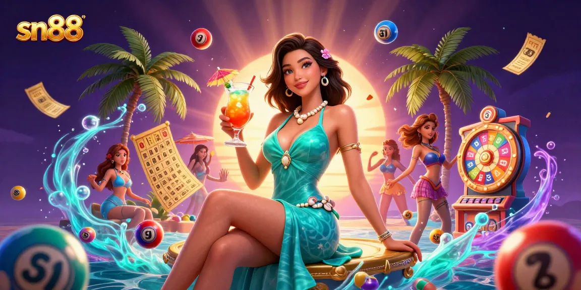 Experience the excitement of SN88 with glamorous tropical visuals, dynamic gaming elements, and vibrant casino atmosphere.