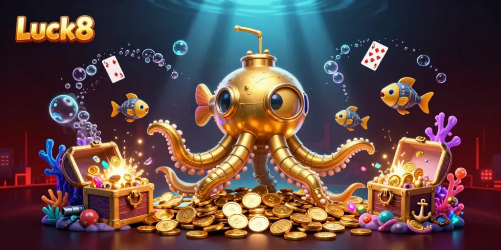 Experience thrilling gameplay at Luck8 with a golden kraken submarine adventure amidst treasures.