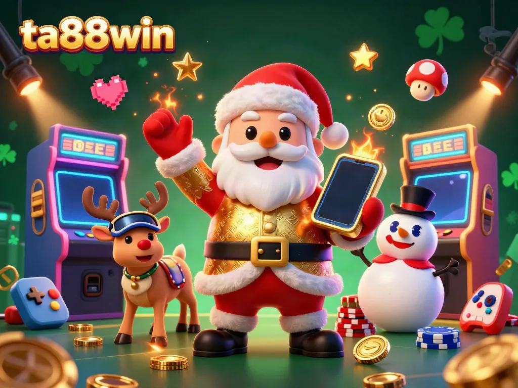 Experience the excitement of ta88win with Santa and friends celebrating jackpots in a vibrant casino atmosphere.