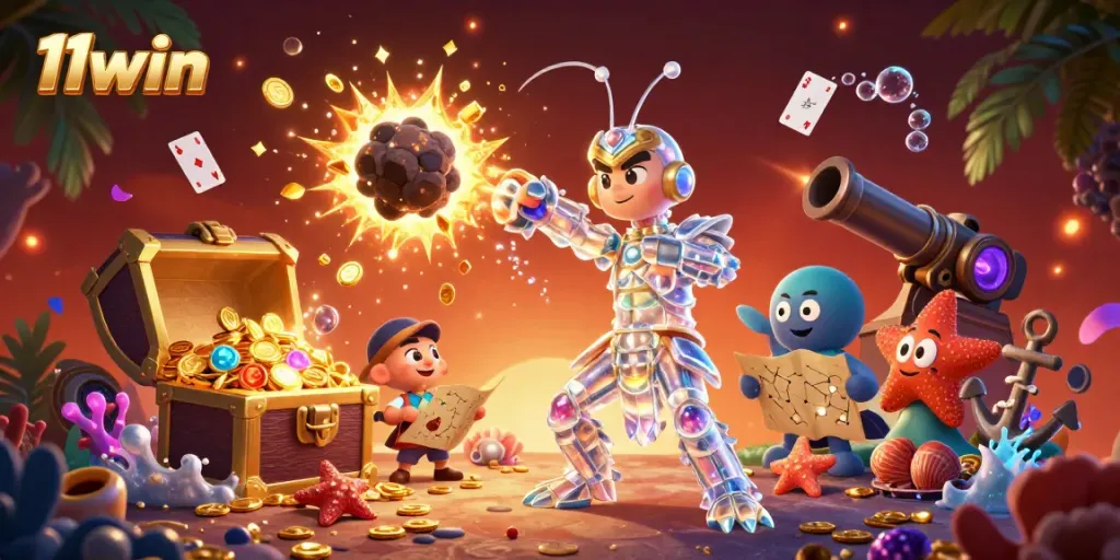 Experience the excitement of 11win with a vibrant 3D illustration showcasing casino games and treasure.