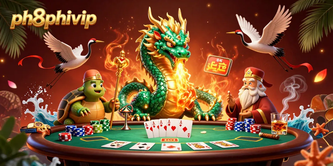 Engage with ph8phivip's vibrant poker scene featuring a dragon, turtle sage, and lucky cranes.